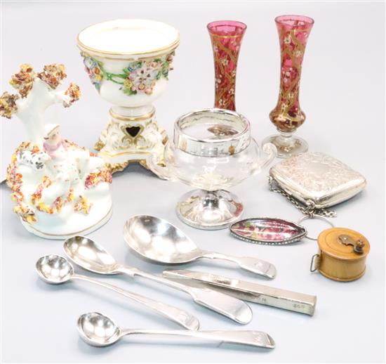Silver purse, spoons, pair cranberry spill vases, etc